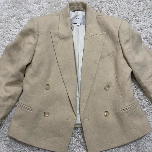 A.L.C. Women River Jacket Barely Linen Double-Breasted Blazer Beige - Picture 2 of 9